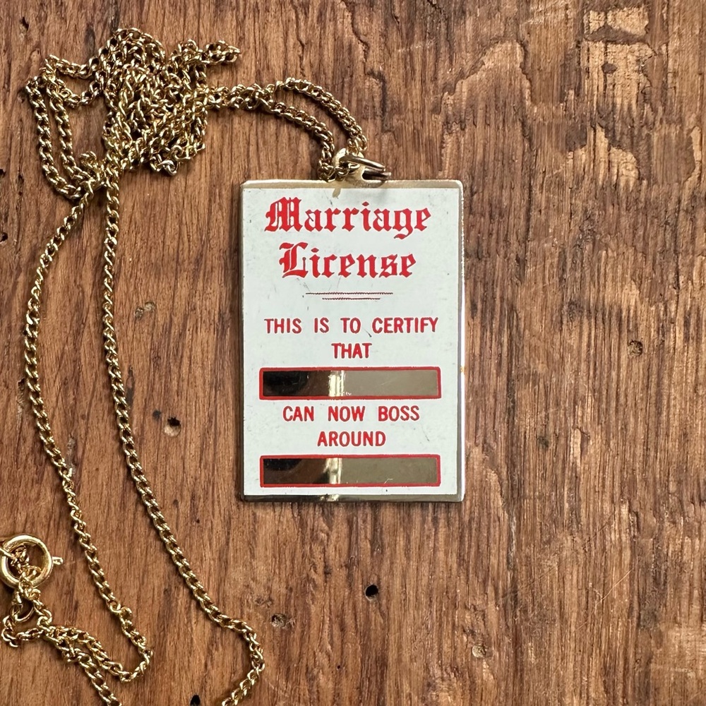 Vintage newlywed humor marriage certificate fill-in-the-blank pendant necklace